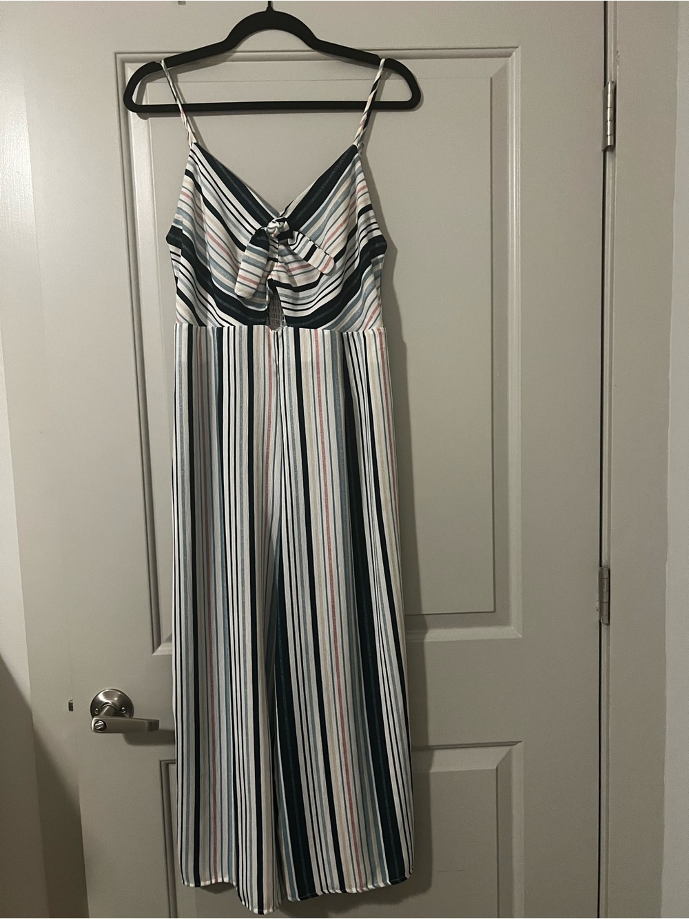 Striped V-Neck Spaghetti Strap Jumper in White, Navy & Pink